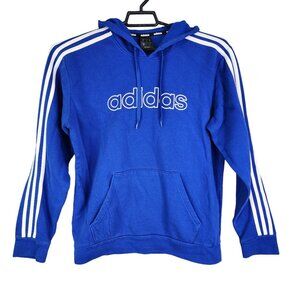 Mens Blue Adidas Pullover Hoodie Sweatshirt w/ White Stripes Long Sleeve M